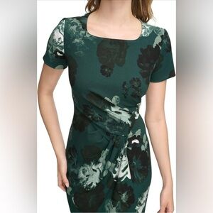 Calvin Klein Print Scuba Crepe Square Neck Short Sheath with Ruching Detail | 4